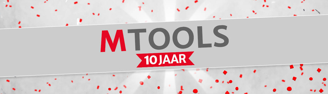 De feestelijke banner voor het 10-jarig jubileum van Mtools.